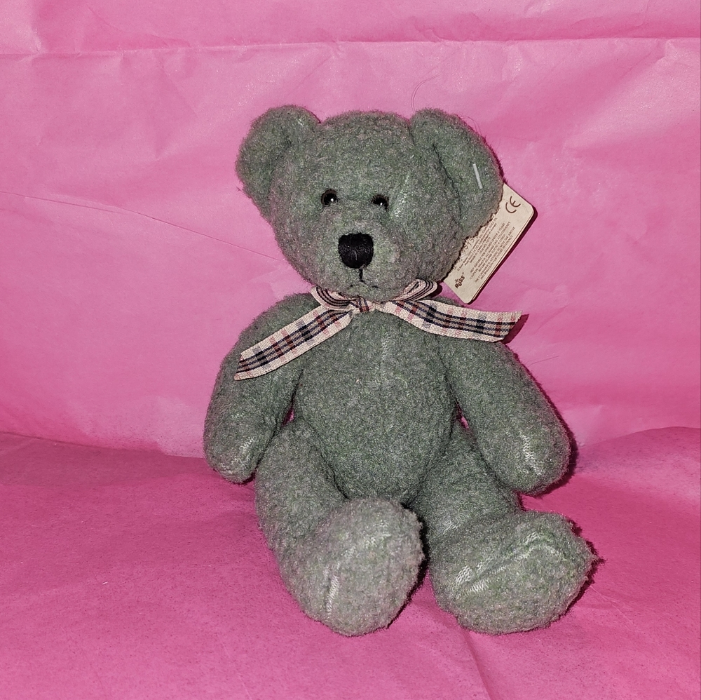 VINTAGE RUSS BERRIE " FRIZZLIN"  BLUE/GREEN BEAR WITH GINGHAM BOW PLUSH ANIMAL